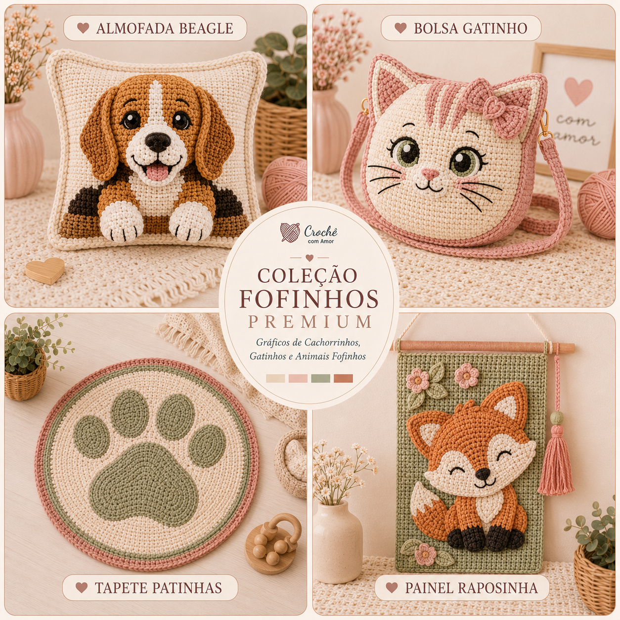 Mosaico de gráficos de coelho, ursinho, panda, raposinha, ovelhinha, vaquinha, girafinha, leãozinho, elefantinho e dinossauro baby.